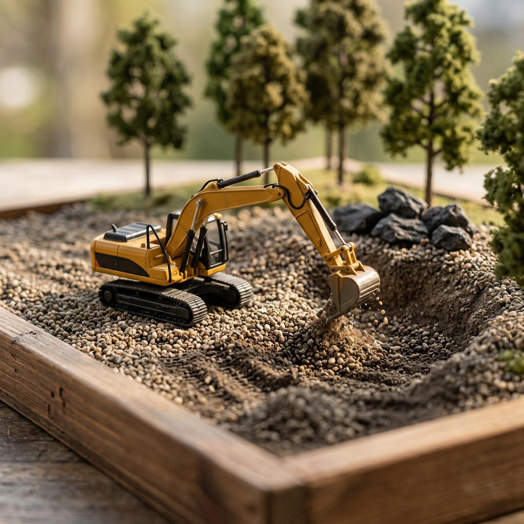 Mini Excavator — 1/64 scale RC construction machine working a miniature dig site