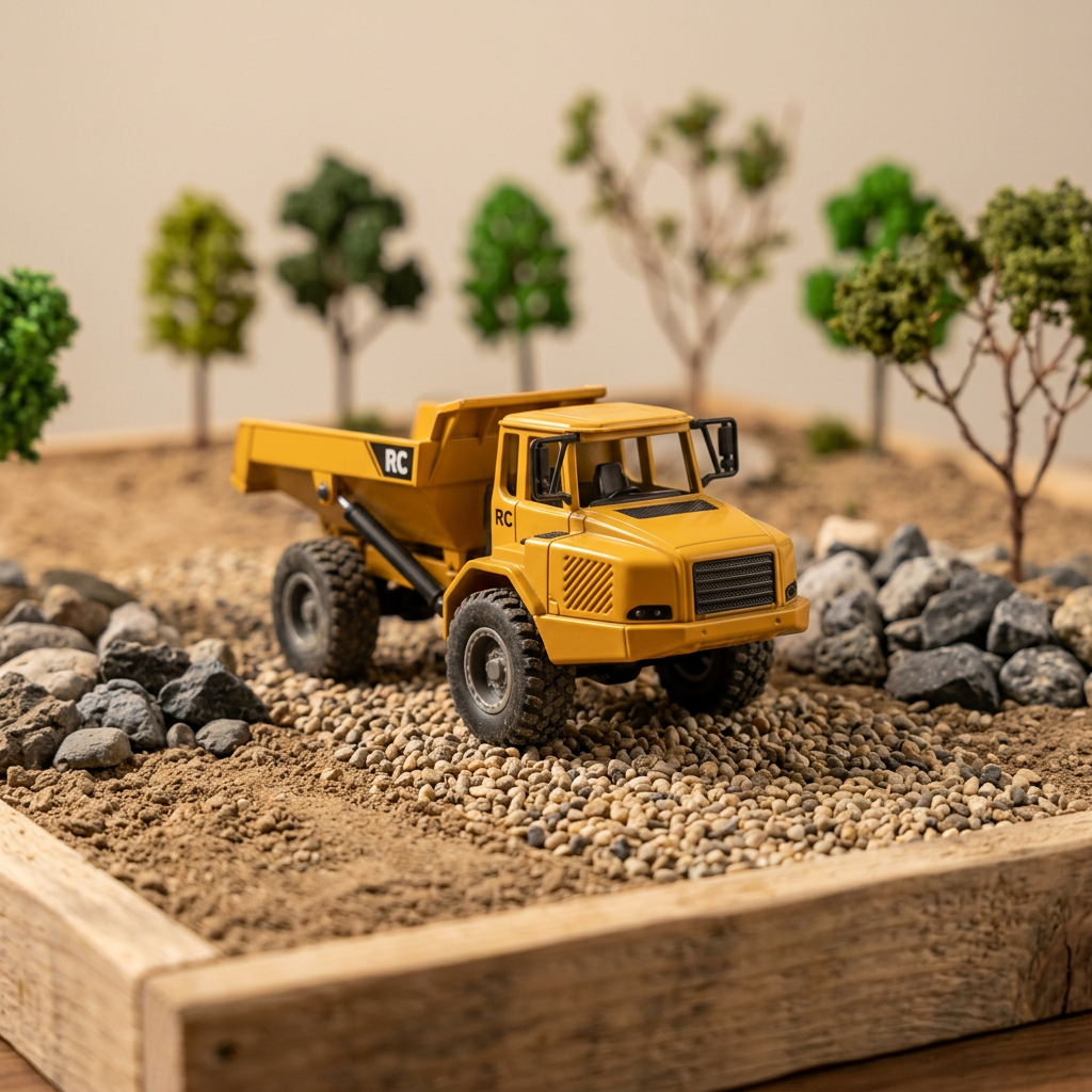 Mini Dump Truck — 1/64 scale RC construction machine working a miniature dig site