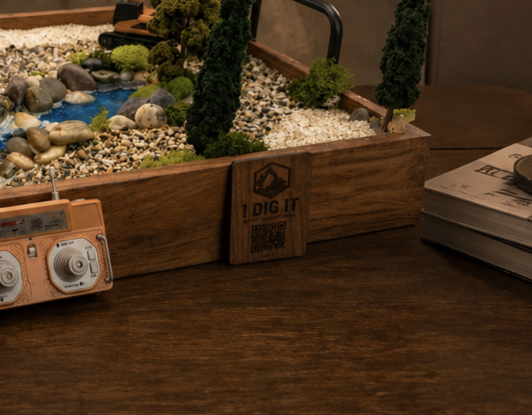 Laser-engraved walnut I DIG IT collector card mounted on the side rail of a finished dig tray with RC controller nearby