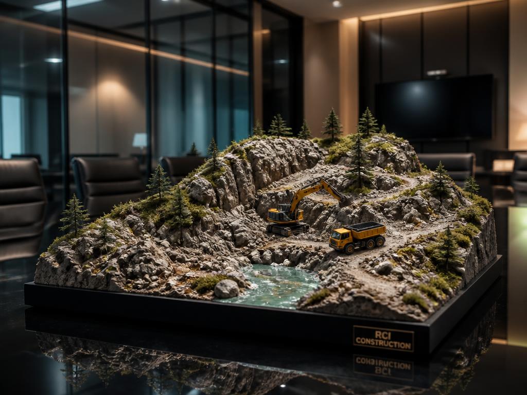 Miniature RC construction terrain built as a conference room table centerpiece with mountain quarry and stream
