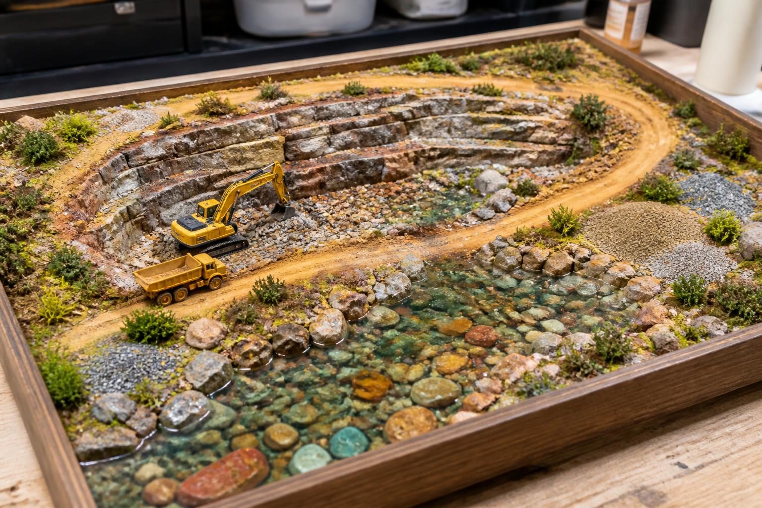 Miniature quarry pit with stepped rock benches, a river rock stream and scale excavator and dump truck