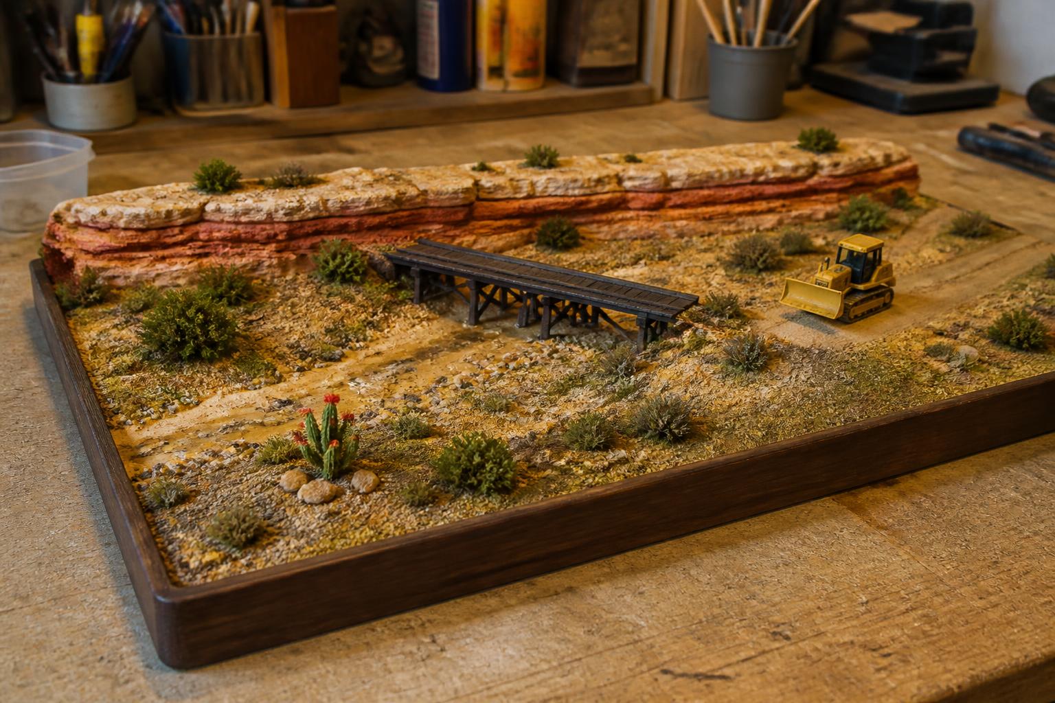 Miniature desert diorama with low layered sandstone ledge, timber trestle over a dry sand wash and a dozer
