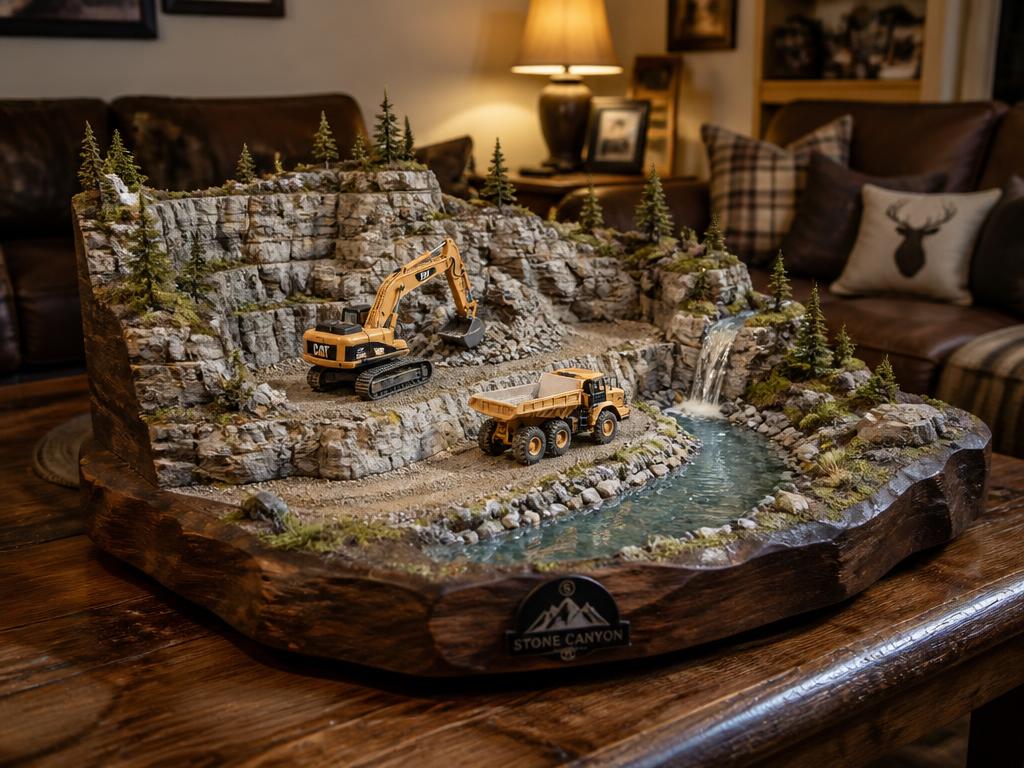 Handcrafted RC terrain diorama on a living room coffee table, a memorable gift for a husband or enthusiast
