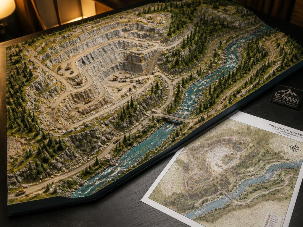 Miniature terrain model built from a real topographic map, showing an accurate quarry and river valley