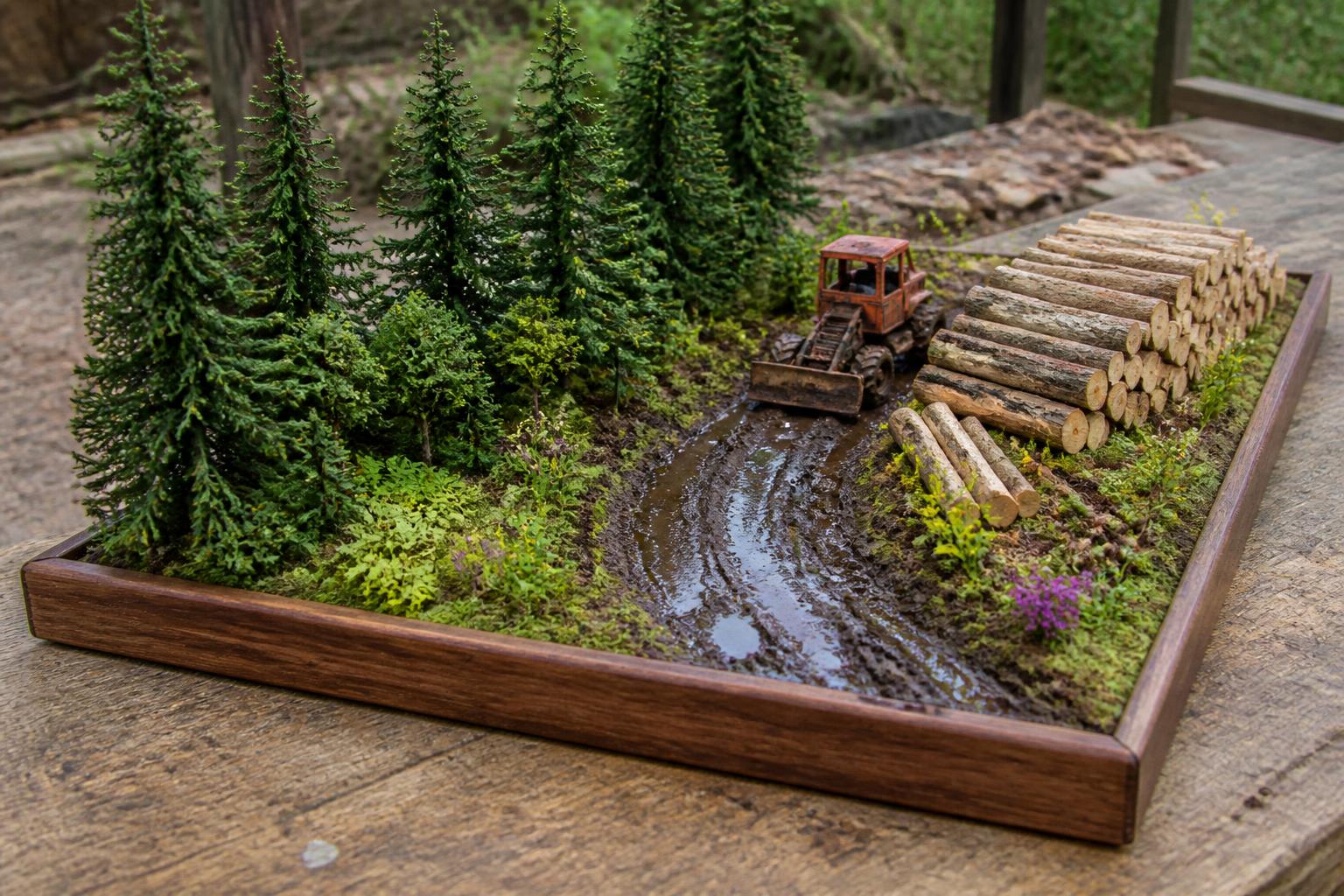 Miniature logging site with dense pine forest, log deck, stumps and muddy skid trails