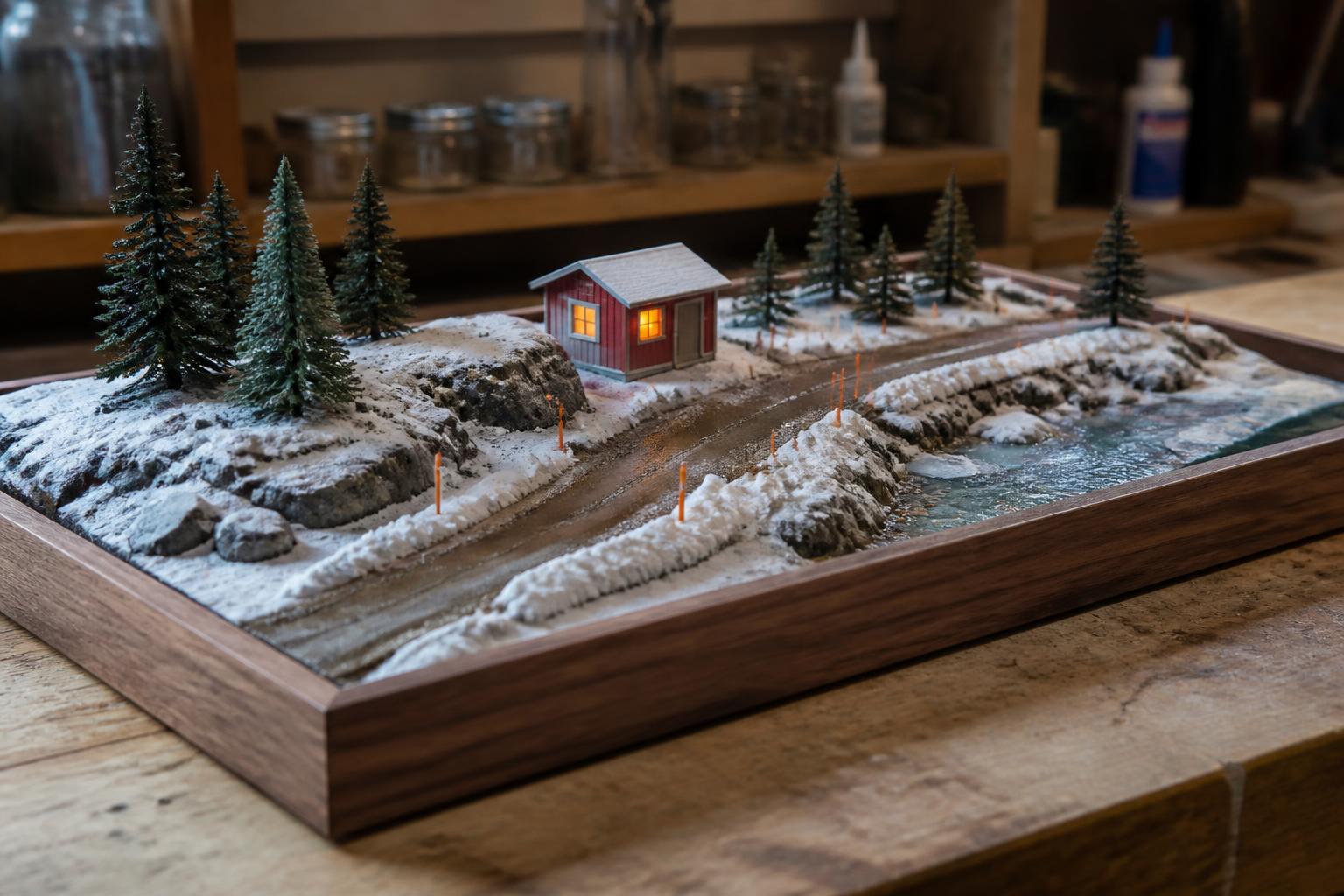 Miniature snowy service road with plowed gravel road, snow banks, pines and a lit maintenance shed