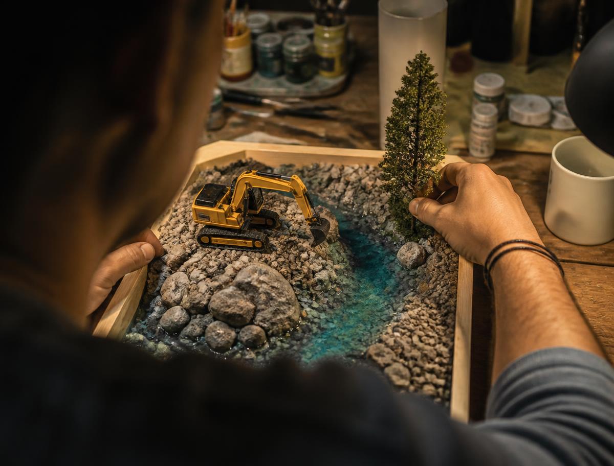 Richard Haines hand-building a miniature RC construction terrain in his workshop